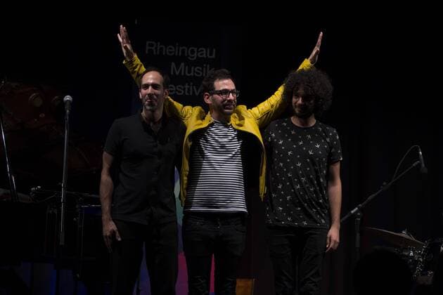 (160808) -- FRANKFURT, Aug. 8, 2016 -- (L to R) Haggai Cohen-Milo, Omer Klein and Amir Bresler, members of Omer Klein Trio take curtain call after the performance during Rheingau Music Festival at the Kuenstler Winery in hochheim, Germany, on Aug. 7, 2016. The 29th Rheingau Music Festival is held from June 18 to Aug. 27. ) (yy) GERMANY-RHEINGAU MUSIC FESTIVAL-OMER KLEIN TRIO-SHOW LUOxHUANHUAN 