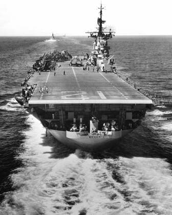 July 1, 1953 - The U.S. aircraft carrier USS Boxer (CVA-21) operating off North Korea. The flight deck crew is respotting aircraft in preparation for recovery of her last strike.  Copyright: StocktrekxImages stk107054m