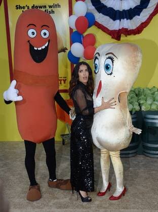 Cast member Salma Hayek, the voice of Teresa in the animated motion picture comedy Sausage Party attends the premiere of the film at the Regency Village Theatre in the Westwood section of Los Angeles on August 9, 2016. Storyline: A sausage strives to discover the truth about his existence.  LAP2016080905 JIMxRUYMEN