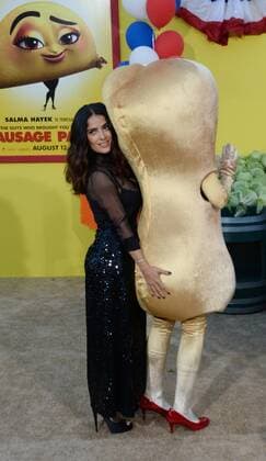 Cast member Salma Hayek, the voice of Teresa in the animated motion picture comedy Sausage Party attends the premiere of the film at the Regency Village Theatre in the Westwood section of Los Angeles on August 9, 2016. Storyline: A sausage strives to discover the truth about his existence.  LAP2016080904 JIMxRUYMEN