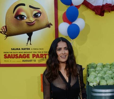 Cast member Salma Hayek, the voice of Teresa Taco in the animated motion picture comedy Sausage Party attends the premiere of the film at the Regency Village Theatre in the Westwood section of Los Angeles on August 9, 2016. Storyline: A sausage strives to discover the truth about his existence.  LAP2016080948 JIMxRUYMEN