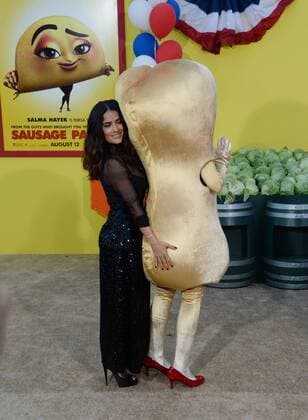 Cast member Salma Hayek, the voice of Teresa Taco in the animated motion picture comedy Sausage Party attends the premiere of the film at the Regency Village Theatre in the Westwood section of Los Angeles on August 9, 2016. Storyline: A sausage strives to discover the truth about his existence.  LAP2016080958 JIMxRUYMEN