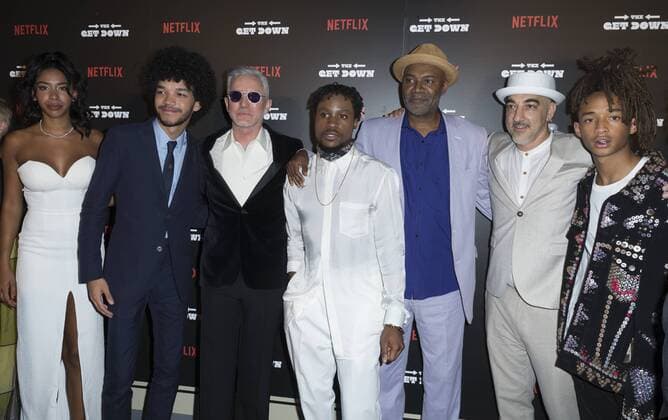 USA: The Get Down premiere in New York Herizen Guardiola, Justice Smith, Baz Luhrmann, Shameik Moore, Nelson George, guest, and Jaden Smith attend The Get Down Netflix original series premier at Lehman Center for performing arts in the Bronx.  LevxRadin
