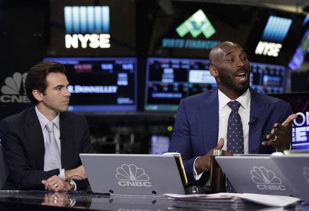 Bryant Stibel Co-Founders and General Partners Kobe Bryant and Jeff Stibelt are interviewed on CNBC after they ring the opening bell at the New York Stock Exchange on Wall Street in New York City on August 22, 2016.  NYP20160822107 JOHNxANGELILLO