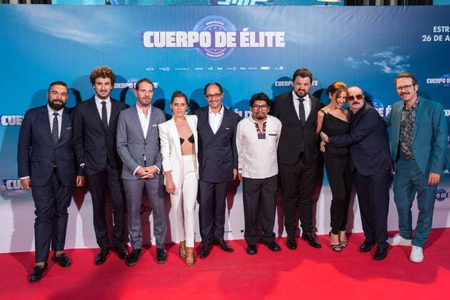 Joaquin Mazon, Maria Leon, Miki Esparbe, Jordi Sanchez, Adoni Agirregomezkorta, Juan Carlos Aduviri, Carlos Areces, Joaquin Reyes, Pepa Aniorte and Rober Bodegas during the premiere of Cuerpo de Elite at Capitol cinema. Madrid. August 25, 2016.  (20160825126)