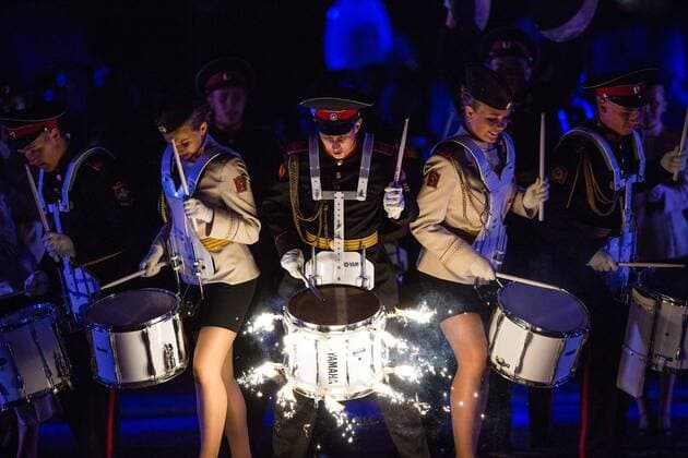 Massed military band of Russia performs during international military music festival Spasskaya Tower in Moscow, Russia, on Aug. 27, 2016. The 9th International Military Music festival Spasskaya Tower will take place from Aug. 27 to Sept. 4. Spasskaya Tower , the parade of the honor guards units and of the best military music bands of Russia and other countries, takes place every year on Red Square in Moscow. ) (djj) RUSSIA-MOSCOW-MUSIC FESTIVAL-SPASSKAYA TOWER EvgenyxSinitsyn 