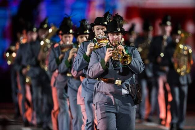 The Original Tiroler Kaiserjagermusik Band of Austria performs during international military music festival Spasskaya Tower in Moscow, Russia, on Aug. 27, 2016. The 9th International Military Music festival Spasskaya Tower will take place from Aug. 27 to Sept. 4. Spasskaya Tower , the parade of the honor guards units and of the best military music bands of Russia and other countries, takes place every year on Red Square in Moscow. ) (djj) RUSSIA-MOSCOW-MUSIC FESTIVAL-SPASSKAYA TOWER EvgenyxSinitsyn 