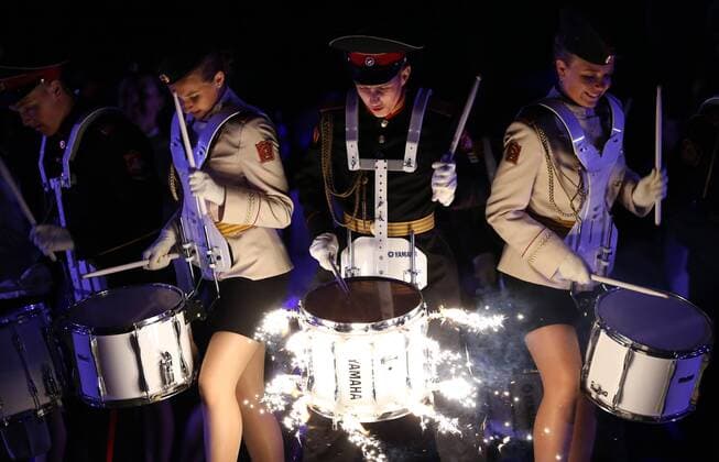 MOSCOW, RUSSIA - AUGUST 27, 2016: Members of the Band of the Moscow Military Music College perform at the opening of the 9th Spasskaya Tower international military music festival in Moscow s Red Square. Artyom Geodakyan TASS  TS02EF64