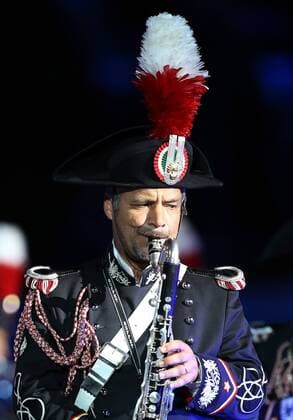 MOSCOW, RUSSIA - AUGUST 27, 2016: A member of the Carabinieri band of Italy performs at the opening of the 9th Spasskaya Tower international military music festival in Moscow s Red Square. Artyom Geodakyan TASS  TS02EF66