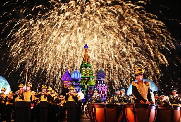 MOSCOW, RUSSIA - AUGUST 27, 2016: Fireworks at the opening of the 9th Spasskaya Tower international military music festival in Moscow s Red Square. Artyom Geodakyan TASS  TS02EF73