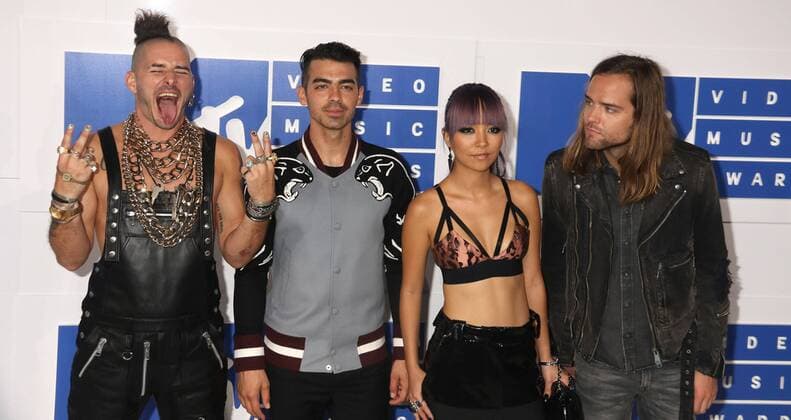 August 28, 2016 - New York, New York, U.S. - DNCE members COLE WHITTLE, JOE JONAS, JINJOO LEE and JACK LAWLESS attend the arrivals at the 2016 MTV Video Music Awards held at Madison Square Garden. New York U.S. - ZUMAk03_