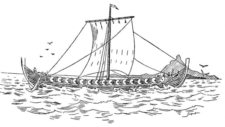 A Viking ship. A reconstruction (from Prof. Montelius s book on Scandinavian archaeology) of an actual Viking ship found, almost complete, at Gokstad, Norway. WHA  !ACHTUNG AUFNAHMEDATUM GESCHÄTZT! Copyright: WHA UnitedArchivesWHA_056_0771