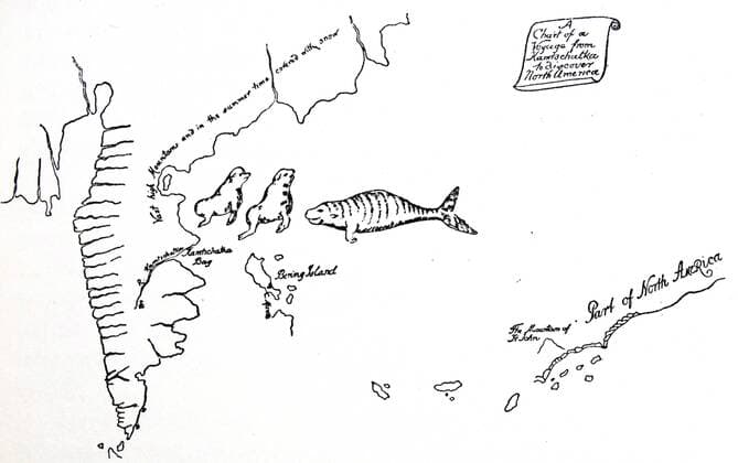 The chart of Vitus Bering s (1681-1741) voyage from Kamchatka to North America. Bering was a Danish explorer and officer in the Russian navy. From a chart drawn in 1741 by Lieut. Waxell, a member of Behring s expedition. WHA  !ACHTUNG AUFNAHMEDATUM GESCHÄTZT! Copyright: WHA UnitedArchivesWHA_056_0868