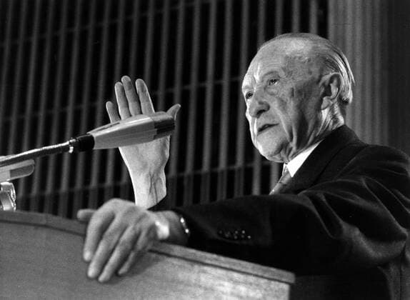 Konrad Hermann Josef Adenauer was a German statesman. As the first post-war Chancellor of Germany from 1949 to 1963, he led his country from the ruins of World War II WHA  !ACHTUNG AUFNAHMEDATUM GESCHÄTZT! Copyright: WHA UnitedArchivesWHA_061_0149
