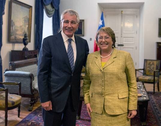 Chuck Hagel US Defence Secretary, meets Chilean President Michelle Bachelet WHA  !ACHTUNG AUFNAHMEDATUM GESCHÄTZT! Copyright: WHA UnitedArchivesWHA_061_0967