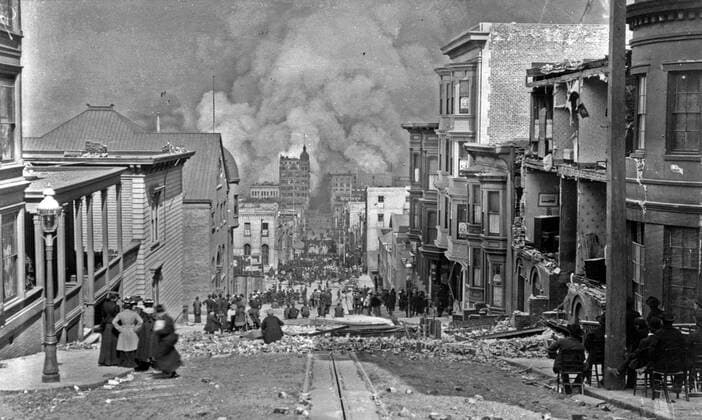 San Francisco Fire. View of damage in Sacramento Street after the earthquake of 1906 WHA  !ACHTUNG AUFNAHMEDATUM GESCHÄTZT! Copyright: WHA UnitedArchivesWHA_068_0609