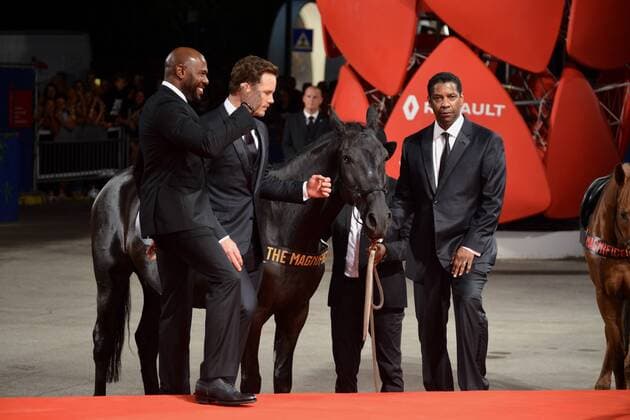 73rd Venice Film Festival, Red Carpet film The Magnificent Seven . Pictured: Denzel Washington, Chris Pratt, Antoine Furqua  Copyright: xSimonexComi Veneziax2016x o0 Tier kurios Pferd