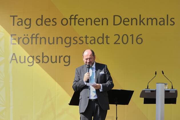 Dr. Wolfgang Illert (Vorstand Deutsche Stiftung Denkmalschutz), Rede, Tag des offenen Denkmals, bundesweite Eröffnung, Elias-Holl-Platz, Rathaus, Augsburg, 11.09.2016, Bundesweite Eröffnung des Tags des offenen Denkmals, Elias-Holl-Platz, Rathaus, Augsburg,