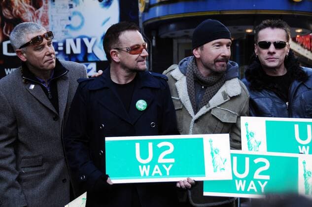 March 3 2009, New York City Irish band U2 (L-R Adam Clayton, Bono, The Edge, Larry Mullen Jr.) attend the temporary re-naming of a section of 53rd Street U2 Way in Manhattan on March 3 3009 in New York City - ZUMAny6_