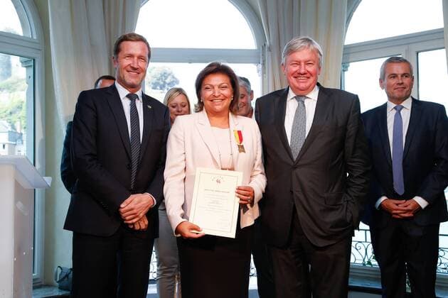 Preisverleihung Merites Wallons in Namur Walloon Minister President Paul Magnette, EVS ceo Muriel De Lathouwer, Walloon Minister of Economy, Industry, Innovation and IT Jean-Claude Marcourt and Walloon Minister of Budget, Public Function and Administrative Simplification Christophe Lacroix pictured during the award ceremony for the sixth edition of the Merites Wallons by the Walloon Government at the Elysette, in Jambes, Namur, Thursday 15 September 2016.  BRUNOxFAHY 04932326