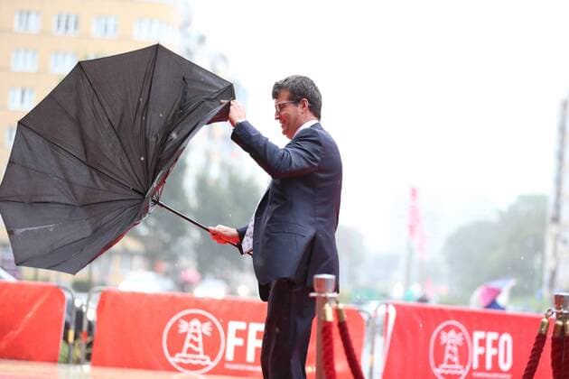 The red carpet entrance had to be moved because of the very bad weather (storm) ahead of the award ceremony of the Ensors Flemish film prizes on the closing day of the tenth edition of the Oostende Film festival, Friday 16 September 2016.  NICOLASxMAETERLINCK 04933353