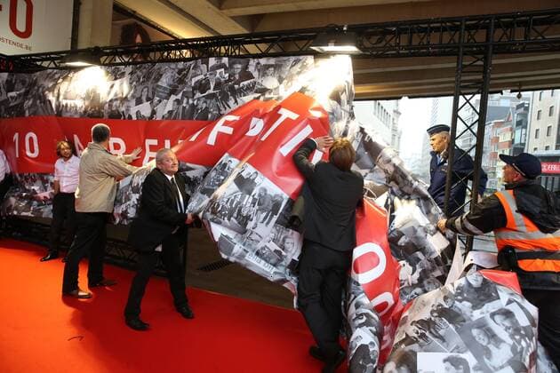 The red carpet entrance had to be moved inside because of the very bad weather (storm) ahead of the award ceremony of the Ensors Flemish film prizes on the closing day of the tenth edition of the Oostende Film festival, Friday 16 September 2016.  NICOLASxMAETERLINCK 04933349