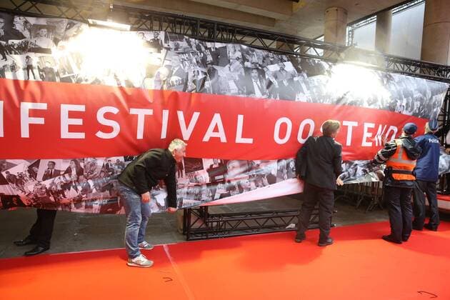 The red carpet entrance had to be moved inside because of the very bad weather (storm) ahead of the award ceremony of the Ensors Flemish film prizes on the closing day of the tenth edition of the Oostende Film festival, Friday 16 September 2016.  NICOLASxMAETERLINCK 04933347