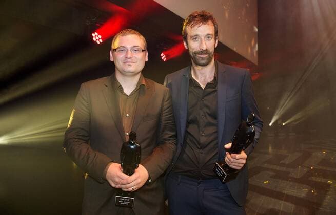 Kris Borghs and Kenneth Mercken pictured during the award ceremony of the Ensors Flemish film prizes on the closing day of the tenth edition of the Oostende Film festival, Friday 16 September 2016.  NICOLASxMAETERLINCK 04933620