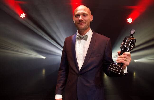 actor Jeroen Perceval pictured during the award ceremony of the Ensors Flemish film prizes on the closing day of the tenth edition of the Oostende Film festival, Friday 16 September 2016.  NICOLASxMAETERLINCK 04933622