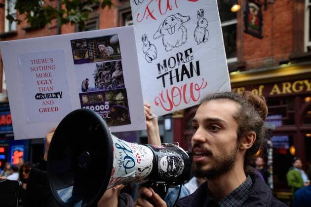 UK: LFW targeted by Animal Cruelty Protestors An animal rights protester uses a megaphone to target London Fashion Week s runway show audiences causing the Metropolitan Police Service to close roads surrounding the event in London FOR EDITORIAL USE ONLY.Pacific Press Agency  HughxPeterswald