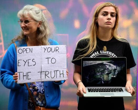 UK: LFW targeted by Animal Cruelty Protestors Animal cruelty protester holds a video showing cruelty as they target London Fashion Week s runway show audiences causing the Metropolitan Police Service to close roads surrounding the event in London FOR EDITORIAL USE ONLY.Pacific Press Agency  HughxPeterswald