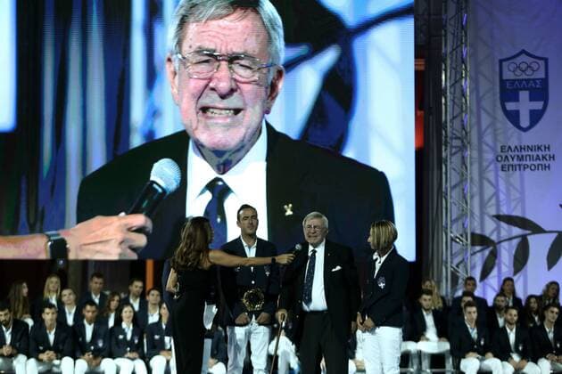 September 19, 2016 - Athens, Attica, Greece - Former King Constantine II of Greece, Gold medalist in sailing at the Olympic Games of Rome 1960, gets emotional presenting an award to Greek bronze medalists in sailing, Panagiotis Mantis and Pavlos Kagialis at the Rio Olympics 2016, during a ceremony at Zappeion hall, in Athens on September 19, 2016 Athens Greece  - ZUMAn230
