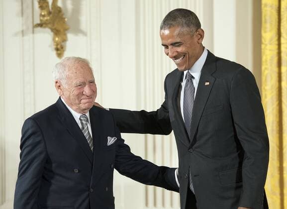 President Barack Obama awards the National Medal of Arts to actor and comedian Mel Brooks during a ceremony at the White House in Washington, D.C. on September 22, 2016. Obama awarded the awarded the 2015 National Medal of Arts and National Humanities Medals to 24 recipients.  WAP20160922307 KEVINxDIETSCH