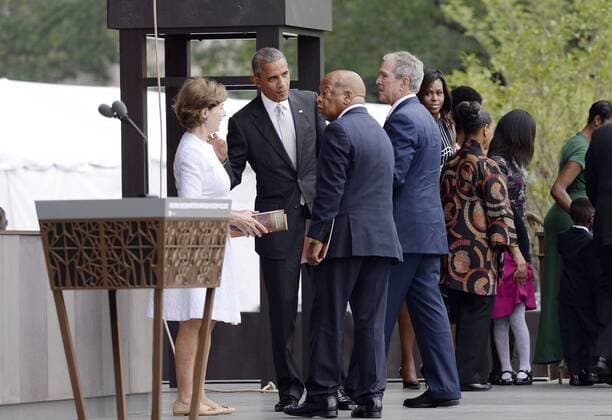 September 24, 2016 - Washington, District of Columbia, United States of America - (L to R) : Former First Lady Laura Bush, United States President Barack Obama, U.S. Representative John Lewis (Democrat of Georgia) and former U.S. President George W. Bush attend the opening ceremony of the Smithsonian National Museum of African American History and Culture on September 24, 2016 in Washington, DC. The museum is opening thirteen years after Congress and President George W. Bush authorized its construction. .Credit: Pool via CNP Washington United States of America - ZUMAs152