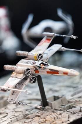 Spaceships of Star Wars on display at the 56th All Japan Model & Hobby Show in Tokyo Big Sight on September 25, 2016. The exhibition introduced hobby goods such as plastic models, action figures, drones, and airsoft guns.  (gxta_alljpnmodelhobbyshow024)