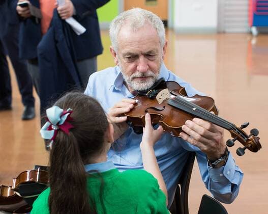 September 27, 2016 - Liverpool, Merseyside, UK - Liverpool , UK . Labour Party leader JEREMY CORBYN is shown how to play the violin by JESSICA KELLY (10) during a visit to Faith Primary School in Liverpool , where he listens to and then joins in with the school orchestra Liverpool UK  - ZUMAl94_