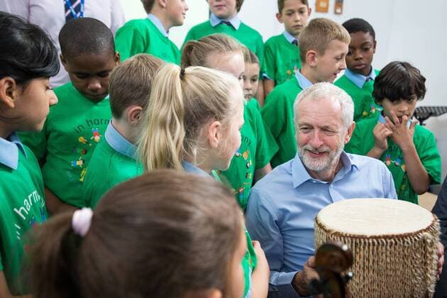 September 27, 2016 - Liverpool, Merseyside, UK - Liverpool , UK . Labour Party leader JEREMY CORBYN with a bongo drum during a visit to Faith Primary School in Liverpool , where he listens to and then joins in with the school orchestra Liverpool UK  - ZUMAl94_