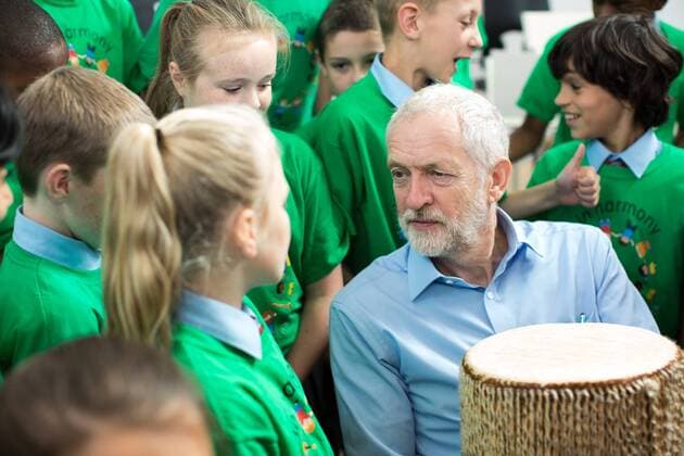 September 27, 2016 - Liverpool, Merseyside, UK - Liverpool , UK . Labour Party leader JEREMY CORBYN with a bongo drum during a visit to Faith Primary School in Liverpool , where he listens to and then joins in with the school orchestra Liverpool UK  - ZUMAl94_