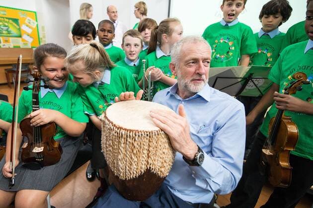 September 27, 2016 - Liverpool, Merseyside, UK - Liverpool , UK . Labour Party leader JEREMY CORBYN with a bongo drum during a visit to Faith Primary School in Liverpool , where he listens to and then joins in with the school orchestra Liverpool UK  - ZUMAl94_