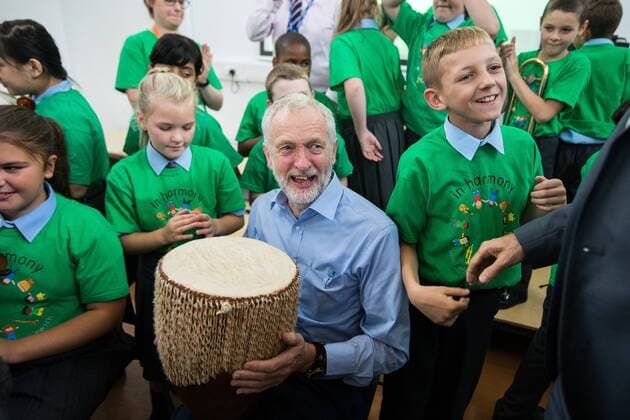 September 27, 2016 - Liverpool, Merseyside, UK - Liverpool , UK . Labour Party leader JEREMY CORBYN with a bongo drum during a visit to Faith Primary School in Liverpool , where he listens to and then joins in with the school orchestra Liverpool UK  - ZUMAl94_