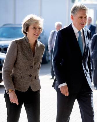 (161003) -- BIRMINGHAM, Oct. 3, 2016 () -- British Prime Minister Theresa May (L) and the Chancellor of the Exchequer Philip Hammond visit a construction site where new HSBC offices are being built on Day Two of the Conservative Party Conference in Birmingham, England, on Oct. 3, 2016. () BRITAIN-BIRMINGHAM-CONSERVATIVE PARTY CONFERENCE-DAY TWO Xinhua 