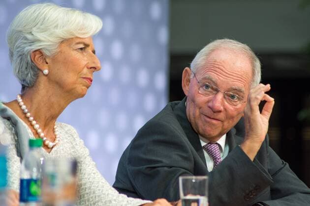 October 6, 2016 - Christine Lagarde, Managing Director of the IMF and Wolfgang Schauble, German Finance Minister, in panel talking about Global Economy, during the IMF - World Bank Annual Meetings 2016. - ZUMAm156