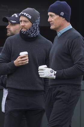 07.10.2016. Carnoustie Golf Course, Fife, Scotland. Alfred Dunhill Links Championship Golf 2nd Round. Dave Farrell and Kyle Maclachlan relaxing on the 14th tee 2016 Alfred Dunhill Links Championship Golf 2nd Round Oct 7th  Content restricted for UK based newspaper