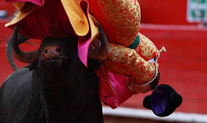 Panamanian bullfighter Rocio Morelli is gored by her first bull of the afternoon Arturito (435 kilograms) during a bullfight at the Mexico Bullring in Mexico City, Mexico, 09 October 2016. BUllfigth at the Mexico Bullring !ACHTUNG: NUR REDAKTIONELLE NUTZUNG!  MEX40 20161010-636116744454732787