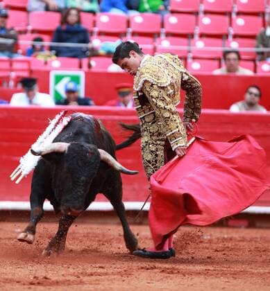 Mexican bullfighter Jose Maria Pator in front of his first bull of the afternoon Compadre (418 kilograms) during a bullfight at the Mexico Bullring in Mexico City, Mexico, 09 October 2016. BUllfigth at the Mexico Bullring !ACHTUNG: NUR REDAKTIONELLE NUTZUNG!  MEX40 20161010-636116745704900759