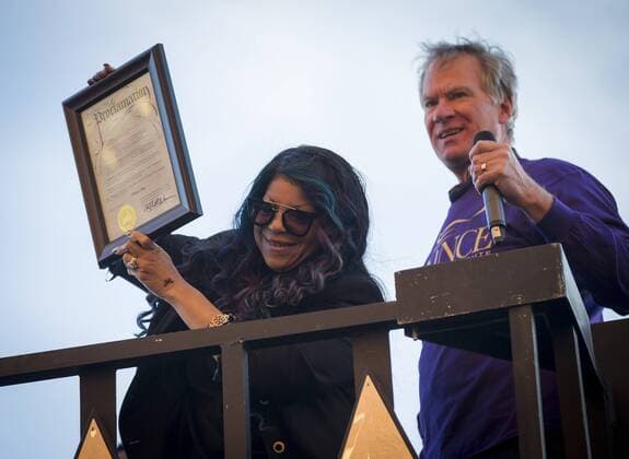 October 13, 2016 - St. Paul, MN, USA - Prince s sister Tyka Nelson accepts a proclamation from St. Paul Mayor Chris Coleman declaring it Prince Day during a public dance party before the Prince Tribute Concert at the Xcel Energy Center on Thursday, Oct. 13, 2016, in St. Paul, Minn. St. Paul USA - ZUMAm67_