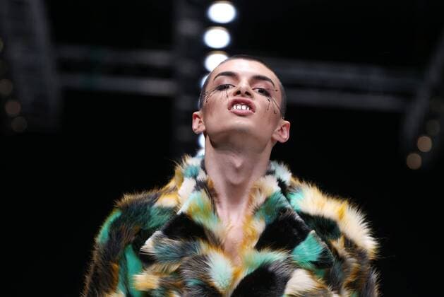 MOSCOW, RUSSIA - OCTOBER 16, 2016: A model showcases creations during a runway show for the Spring Summer 2017 collections by the designers of the CONTRFASHION project at the Mercedes-Benz Fashion Week Russia in the Manege Central Exhibition Hall. Vyacheslav Prokofyev TASS  TS034A9A