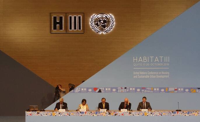 October 16, 2016 - Quito, Ecuador - In Casa de la Cultura of Quito is home to Habitat III, Mauricio Rodas (right), Burgomaster of Quito, greets Peter Thompson, president of the Assembly of the UN. On the left, Ban Ki-moon, center, UN Secretary General, in Quito, Sunday, Oct. 16, 2016. UN raises work for cities with gender equity and sustainable, mayors ask ask Habitat III space. Quito Ecuador  - ZUMAn230