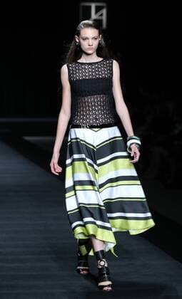October 17, 2016, Tokyo, Japan - A model displays a creation of Japanese designer Tae Ashida at her spring and summer collection in Tokyo as a part of Japan Fashion Week on Monday, October 17, 2016. Tae Ashida celebrated her 25th anniversary collection.  (lwxa005445)