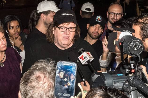 Director Michael Moore is surrounded by reporters upon arriving to a New York theater to attend the premiere of his documentary Michael Moore In TrumpLand on October 18, 2016. Moore had finished editing the film the previous day and made a surprise last minute announcement on Twitter that he would show it for free today. The film will start playing in Los Angeles and New York tomorrow. Photo by Enrique Shore Cordon Press  ENRIQUExSHORE Director Moore arrives to the premiere of his documentary MIcha